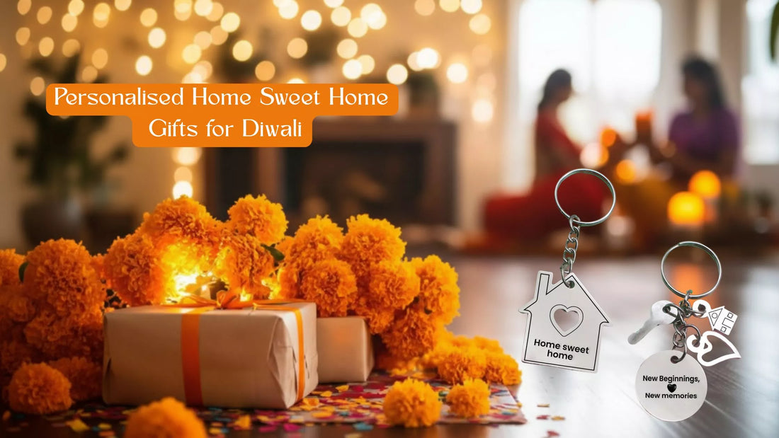 Home Sweet Home personalised Diwali gifts including keychains, plaques, and decorative accessories
