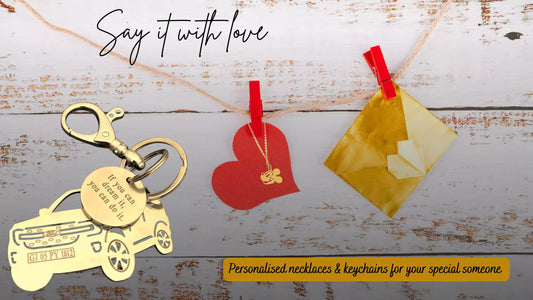 Ampkrafts personalised necklaces and keychains engraved with names, dates, and love quotes for romantic gifts