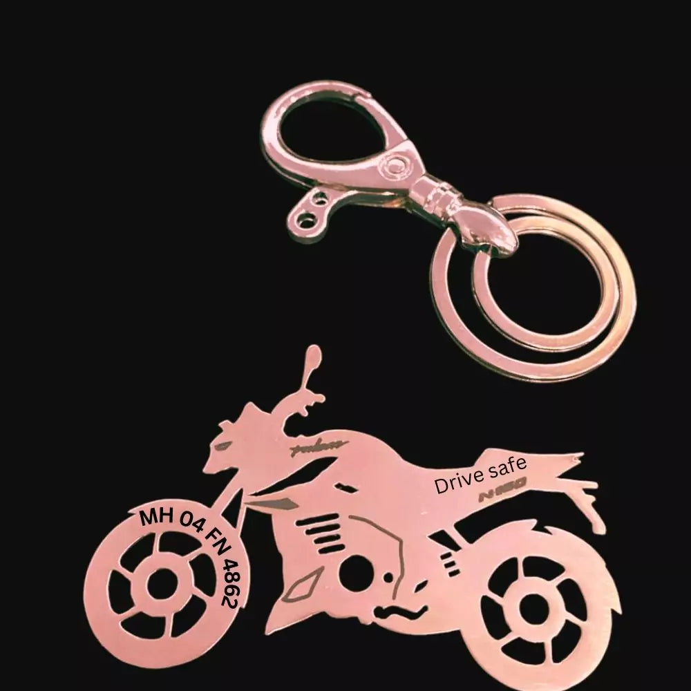 Personalized Bajaj Pulsar N160 sideview keychain with custom name engraving, premium stainless steel