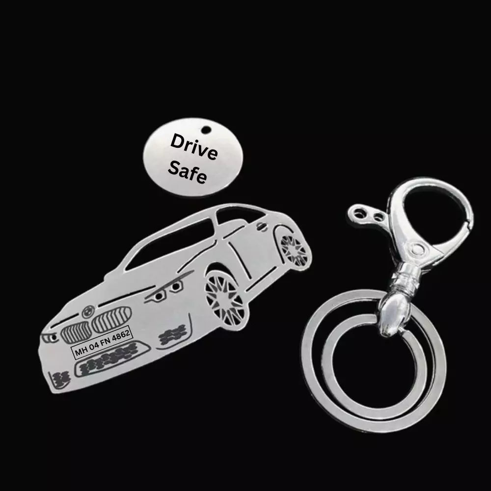 Personalized BMW M4 Coupe Stage 5 sideview keychain with custom name engraving, premium stainless steel