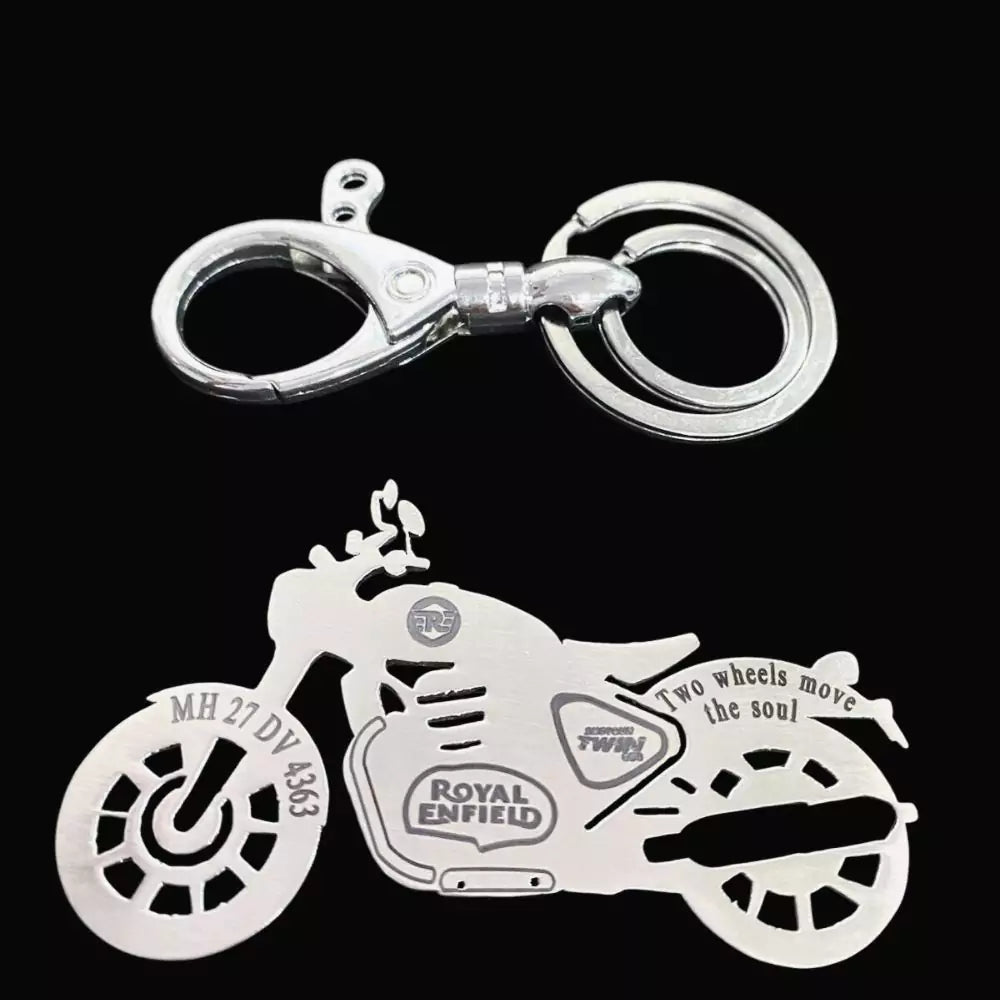 Personalized Royal Enfield Shotgun 650 sideview keychain with custom name engraving, premium stainless steel