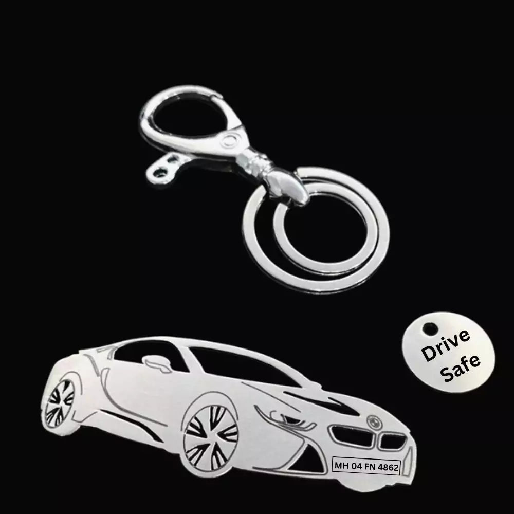 Personalized BMW i8 Protonic sideview keychain with custom name engraving, premium stainless steel