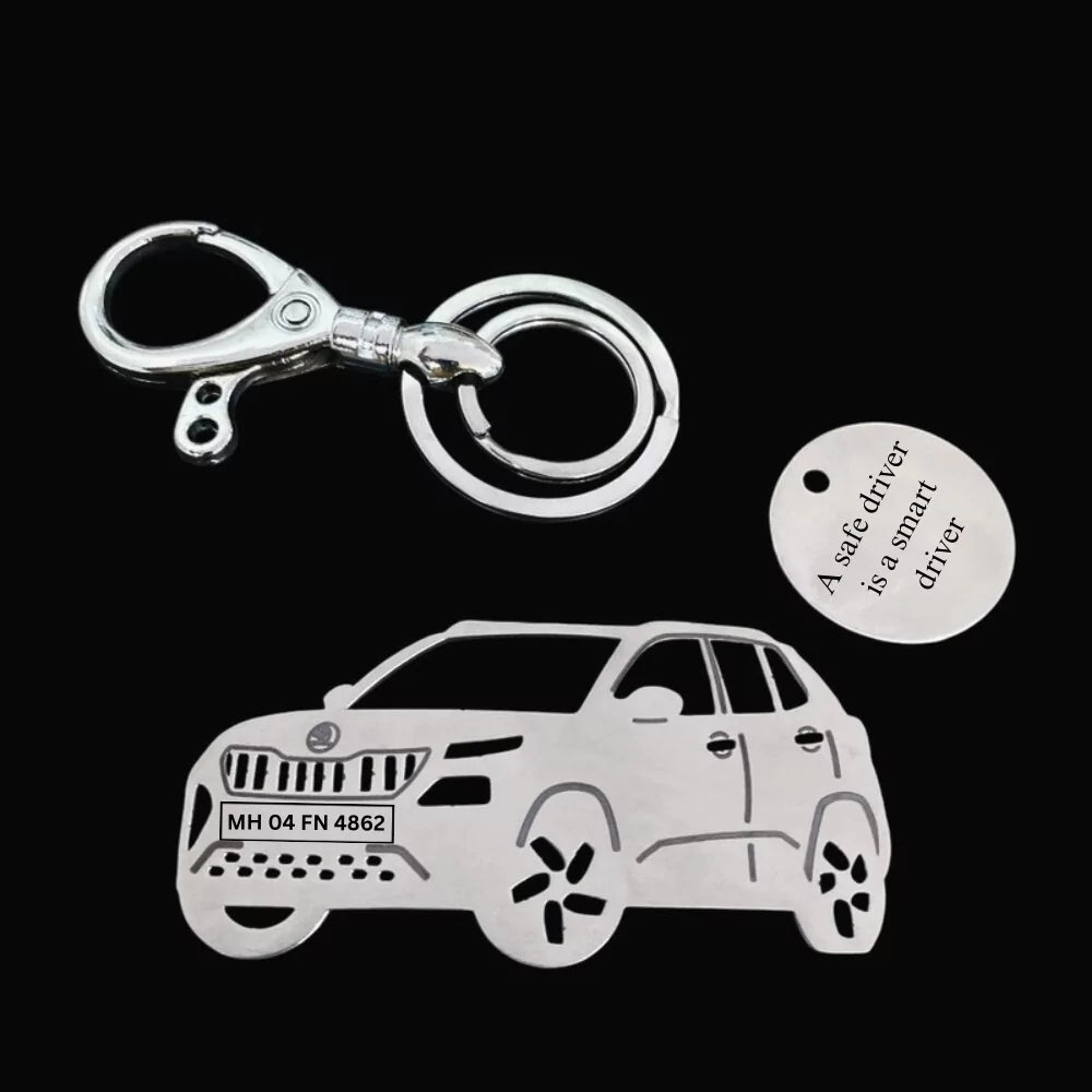 Personalized Skoda Kylaq sideview keychain with custom name engraving, premium stainless steel