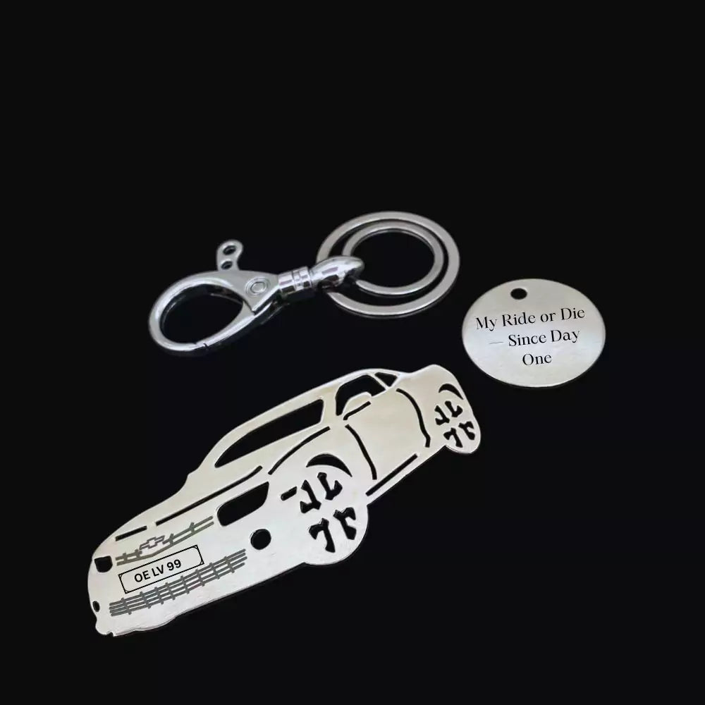 Chevrolet Camaro stainless steel keychain with personalized name engraving