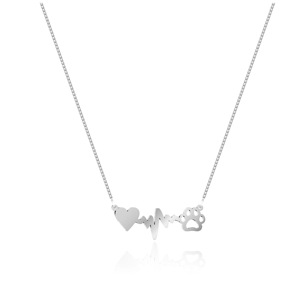 Pawpulse Necklace – Heart, Heartbeat & Dog Paw Jewelry in Silver Finish