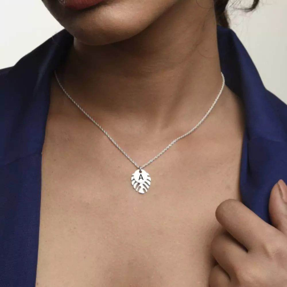 Personalized Initial Monstera Leaf Necklace