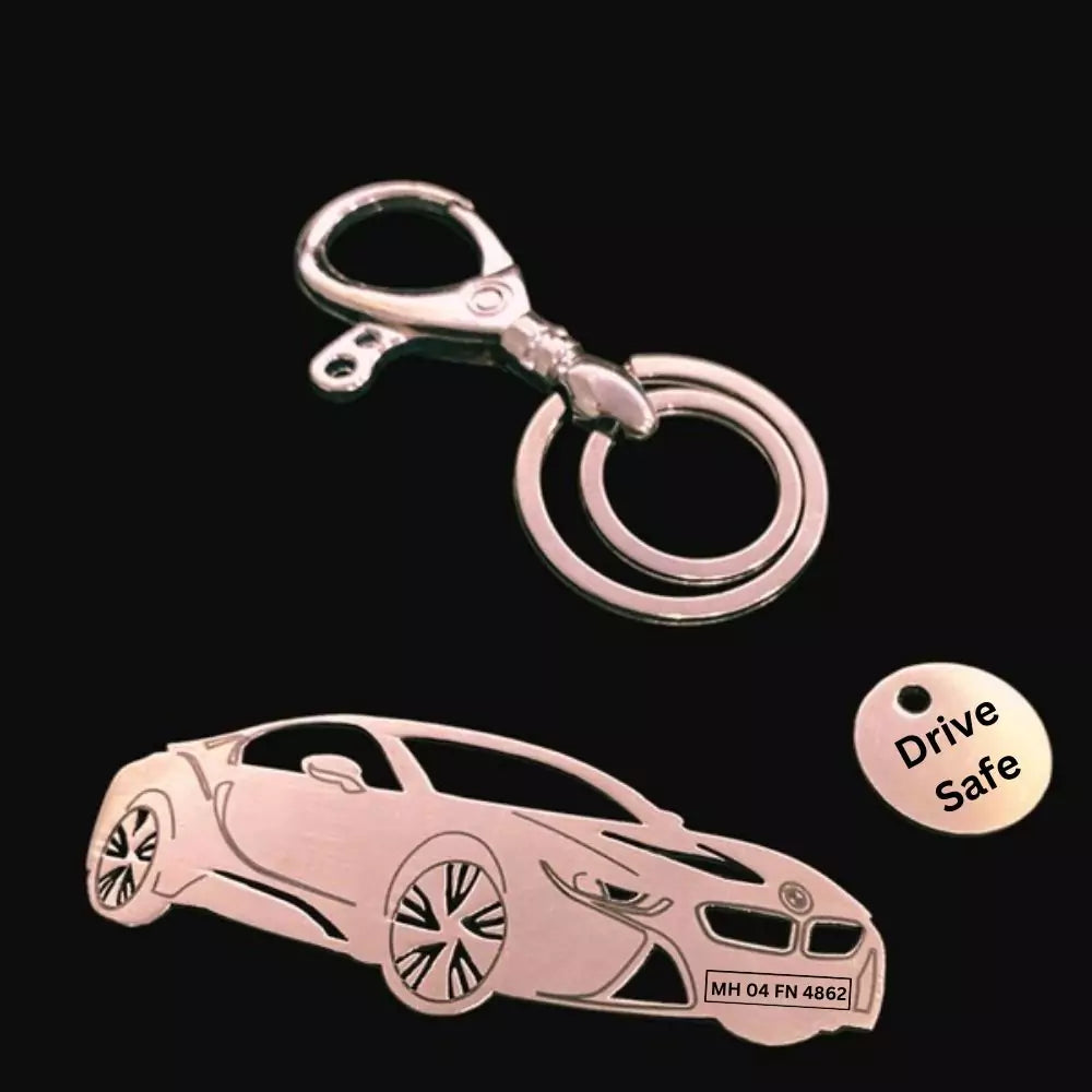 Engraved BMW i8 Protonic keychain, durable stainless steel, stylish accessory for BMW enthusiasts