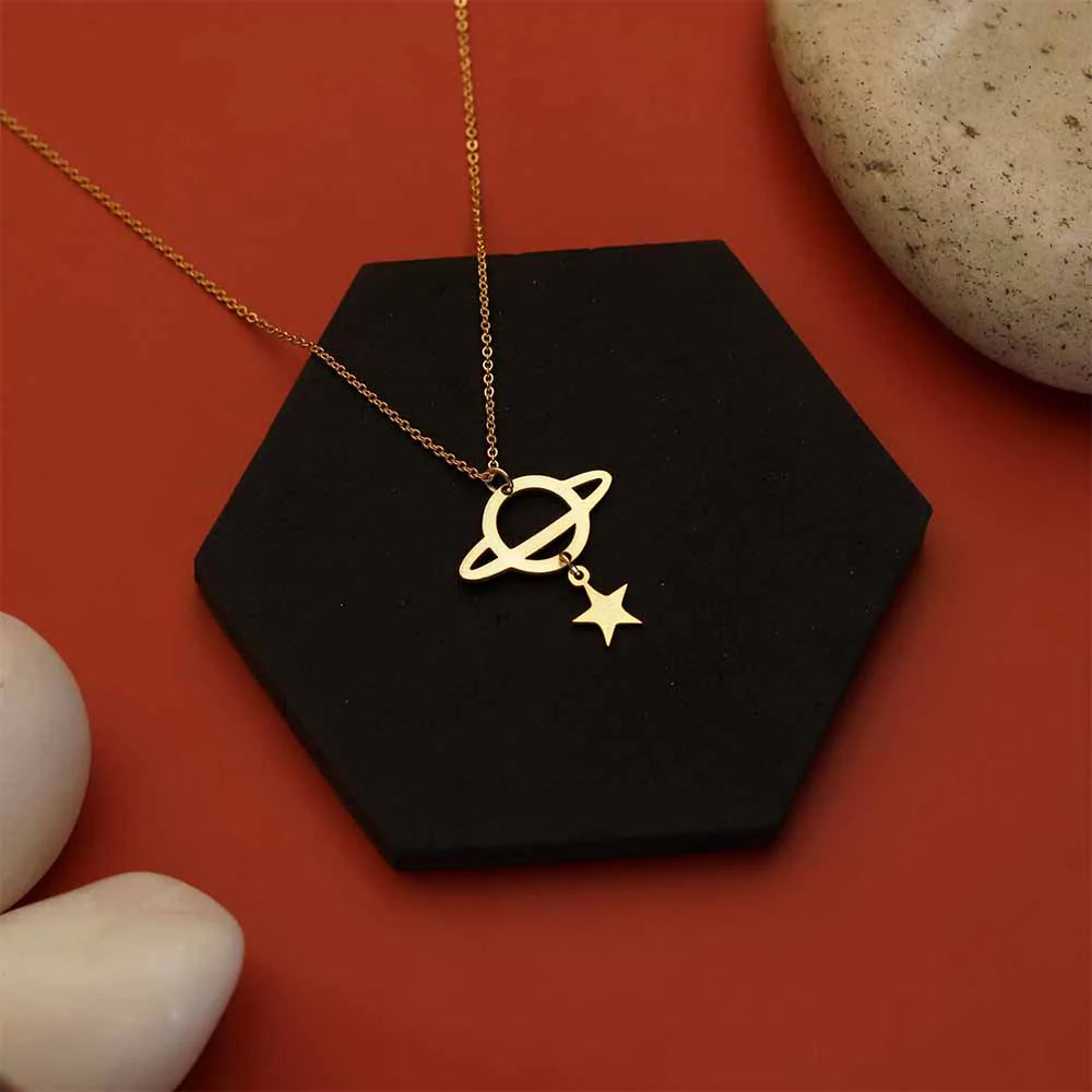 Planet With Star Pendant Necklace - Celestial-Inspired Jewelry for Women