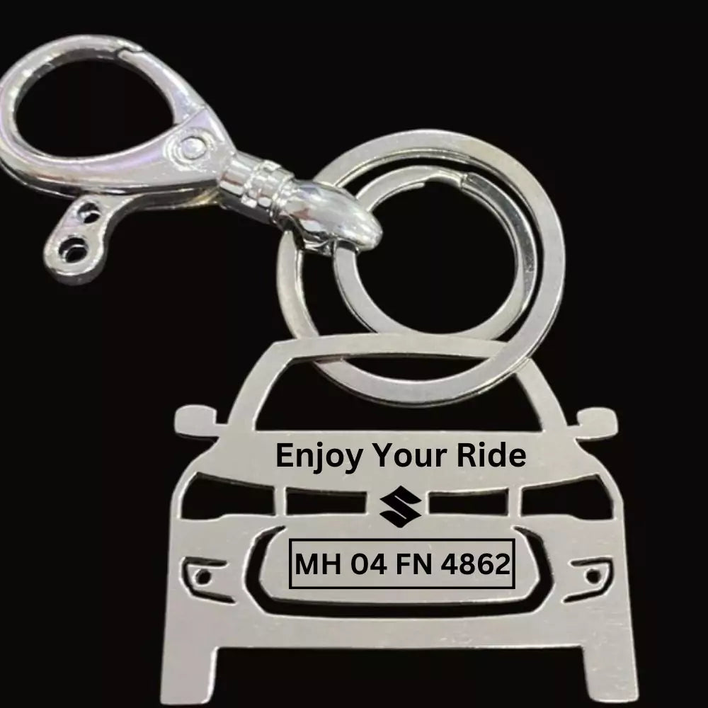 Personalized Maruti Dzire 2024 sideview keychain with custom name engraving, premium stainless steel