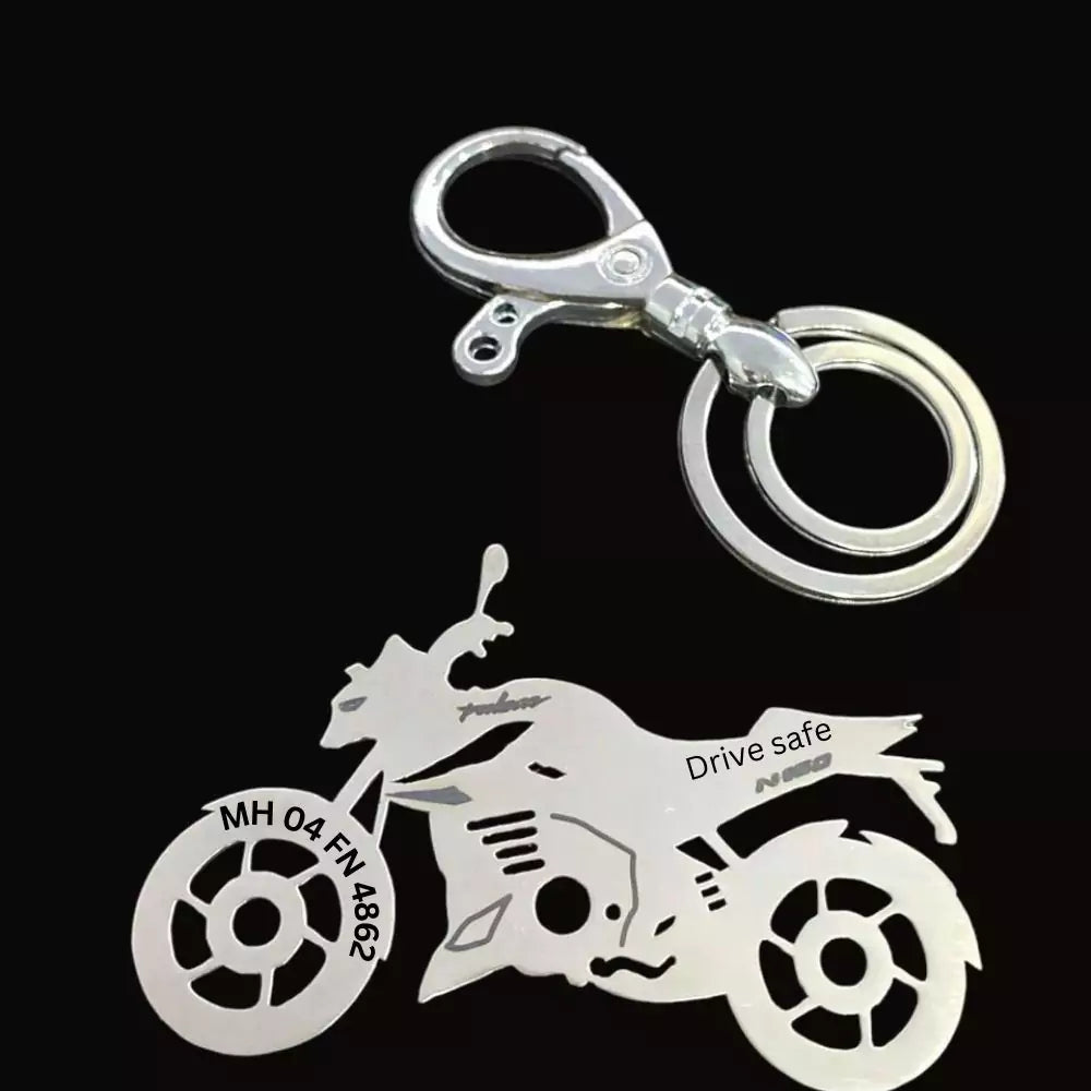 Engraved Bajaj Pulsar N160 keychain, durable stainless steel, stylish motorcycle accessory