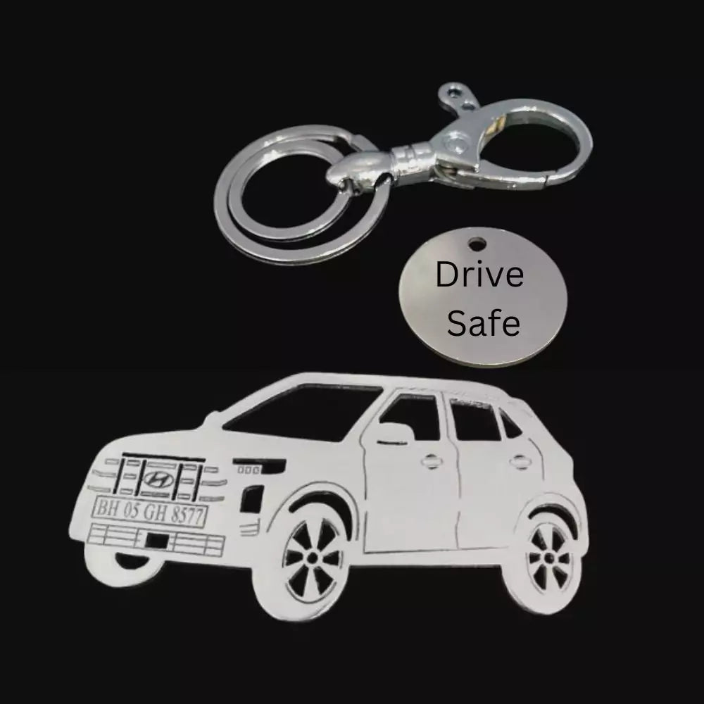 Personalized Hyundai Creta Facelift 2024 sideview keychain with custom name engraving, premium stainless steel