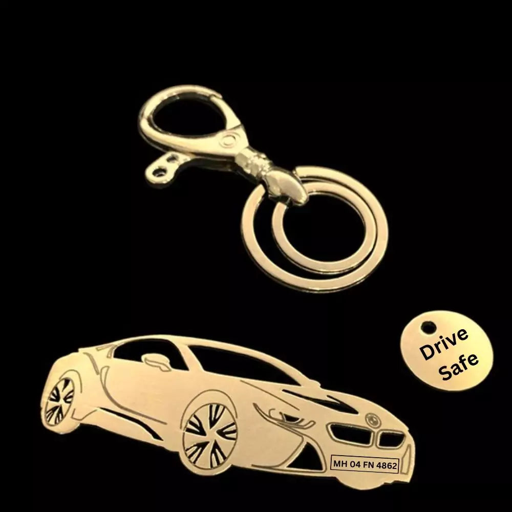 Custom BMW i8 Protonic keychain, laser-cut side profile, perfect for luxury car lovers