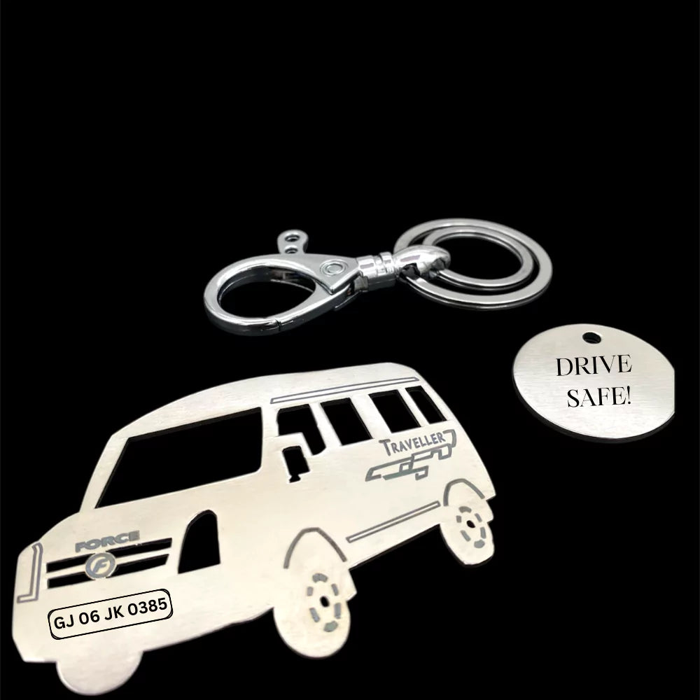 Gold Force Tempo Traveller van keychain with custom number plate