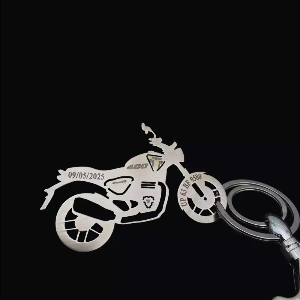 Triumph Scrambler T4 personalized keychain in stainless steel with name engraving