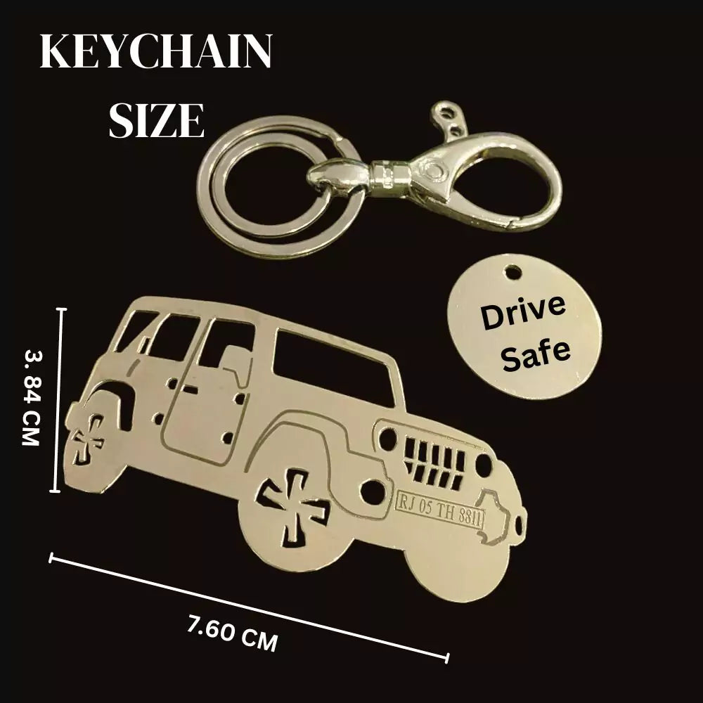 Gold Mahindra Thar Roxx brass keychain for gifting