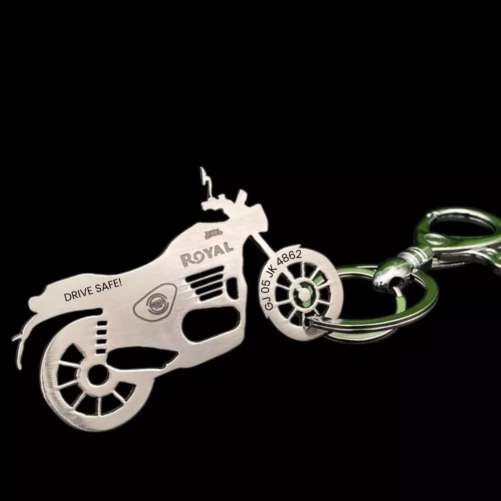 Royal Enfield Hunter 350 keychain in silver with custom name engraving