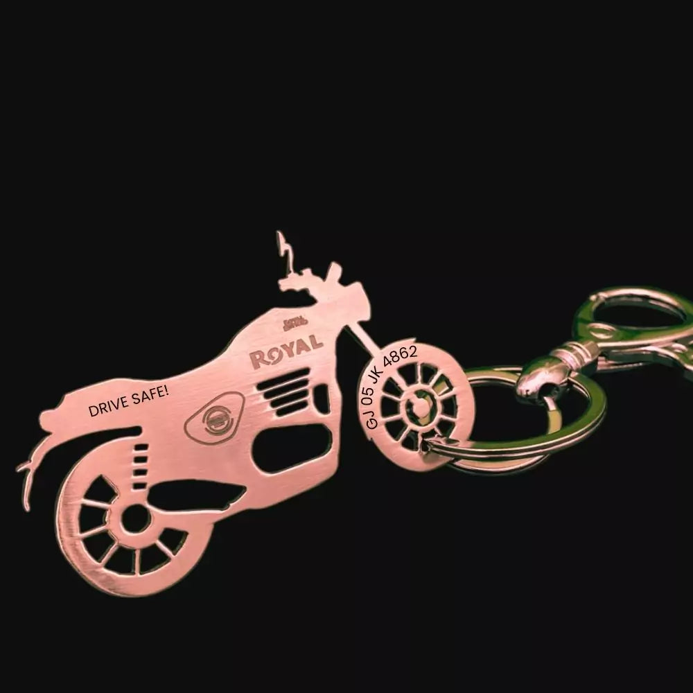 Rose gold Hunter 350 motorcycle keychain with engraved number plate