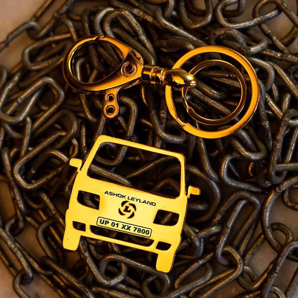 Gold finish personalized Ashok Leyland Dost keychain