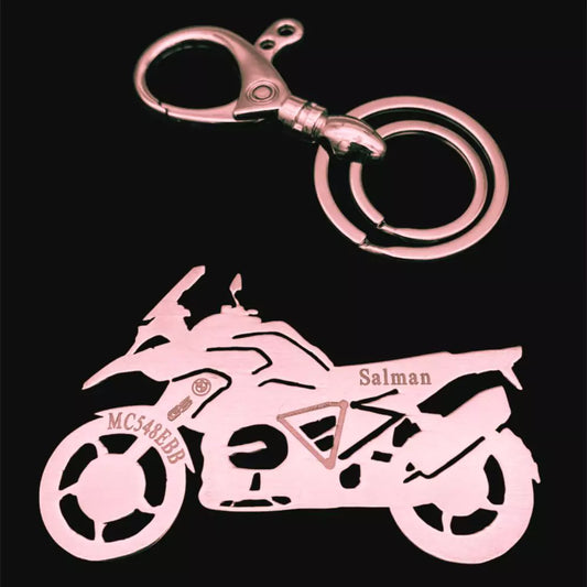 BMW GS1200 engraved metal keychain in stainless steel and brass finish