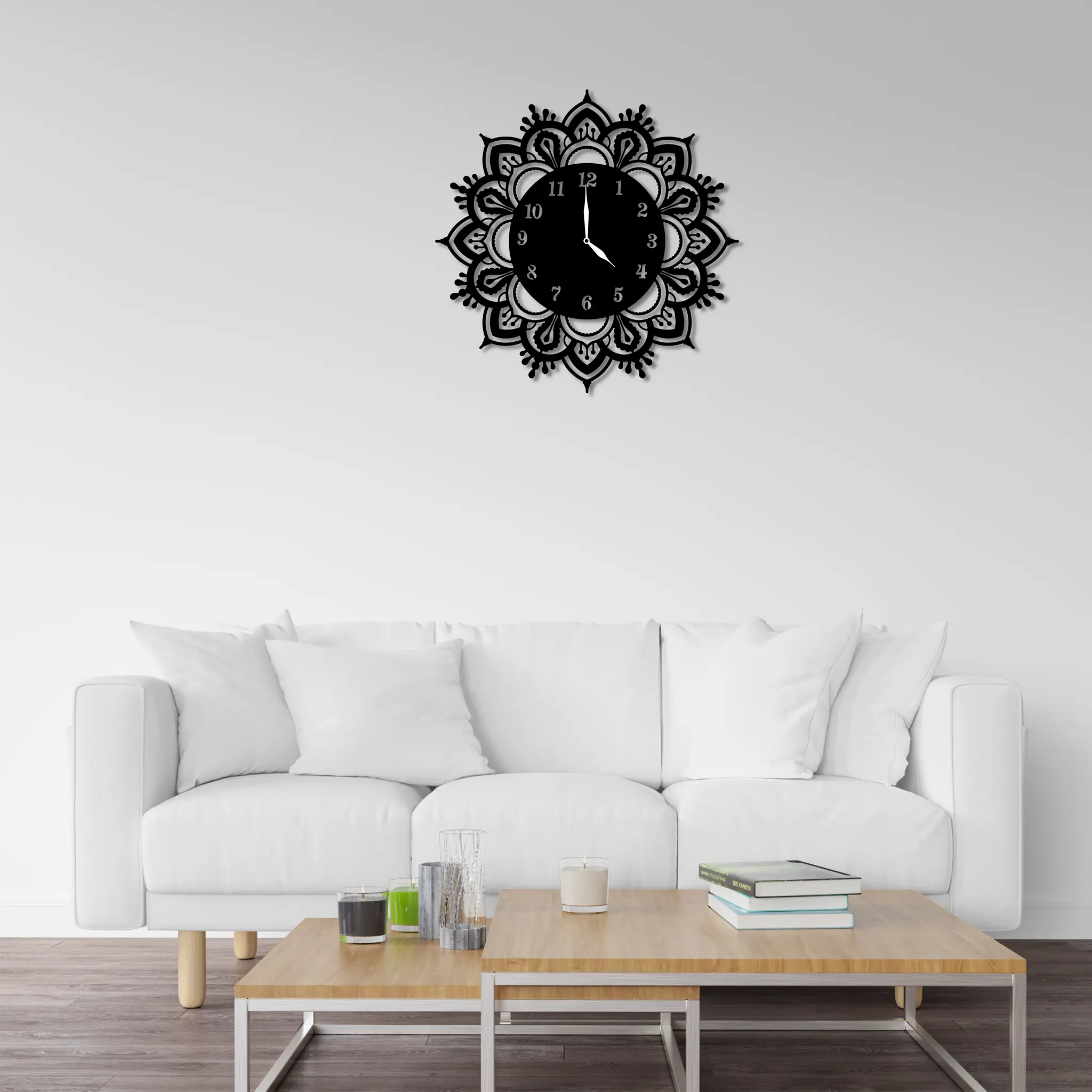 Filigree Mandala Wall Clock, silent sweep Metal decor, housewarming gift, natural birch wood, delicate lace accent, Metal hanging art