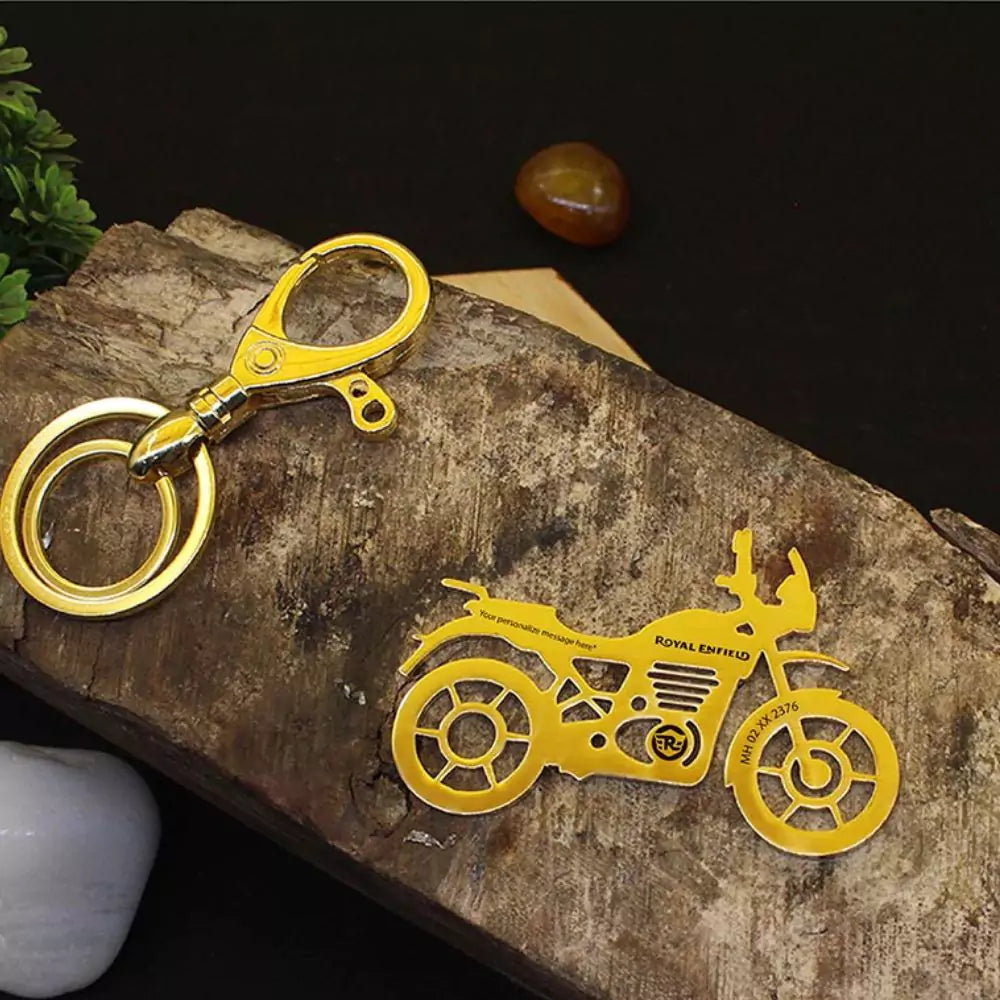 Custom Himalayan bike keychain in silver, gold, and rose gold colors, premium metal finish for riders