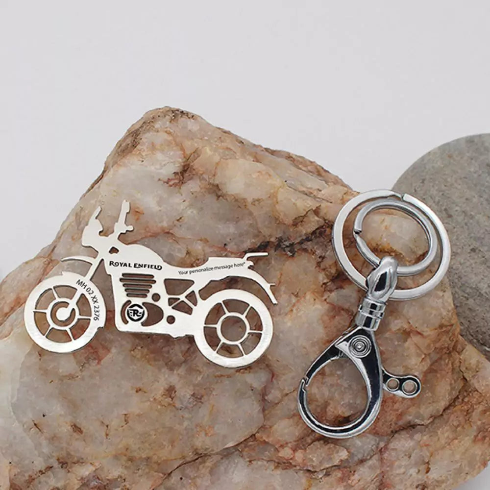 Royal Enfield Himalayan personalized keychain in stainless steel with custom name engraving, luxury biker accessory