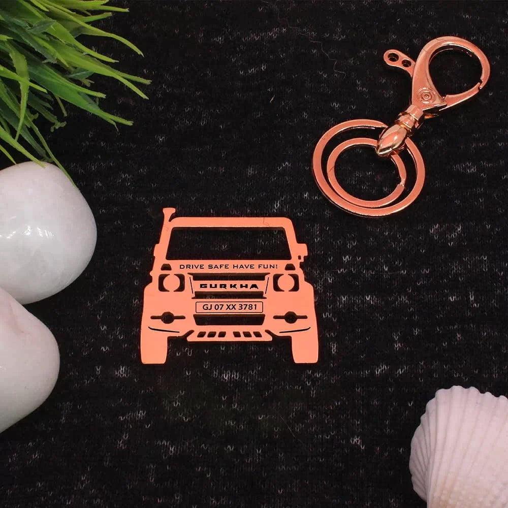 Elevate your Force Gurkha (2022) experience with our top-rated, personalized keychain. Crafted from premium stainless steel 304, this keychain allows you to proudly display your vehicle number and name. It’s not just a keychain; it’s a accessory that reminds you to cherish every drive and return home safely.  Rose Gold keychain 