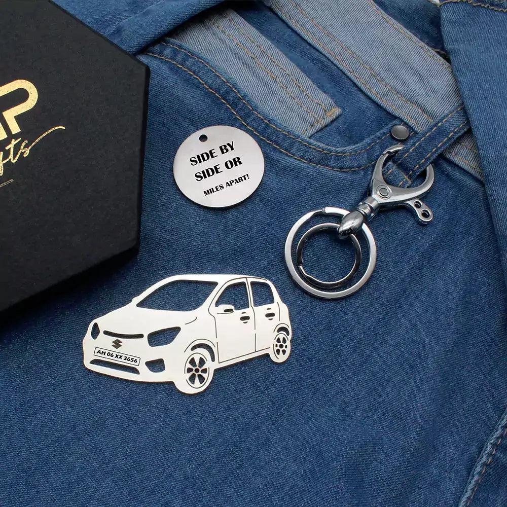 Customizable with name and number plate 💌➤Laser-engraved details for a premium finish 💯➤ Available in silver, gold, and rose gold finishes 😊➤Cash on delivery (COD) for hassle-free delivery ✅➤Perfect gift for car enthusiasts and Maruti Suzuki Celerio (2022) owners 🎁Personalized keychain for Maruti Suzuki Celerio Keychain