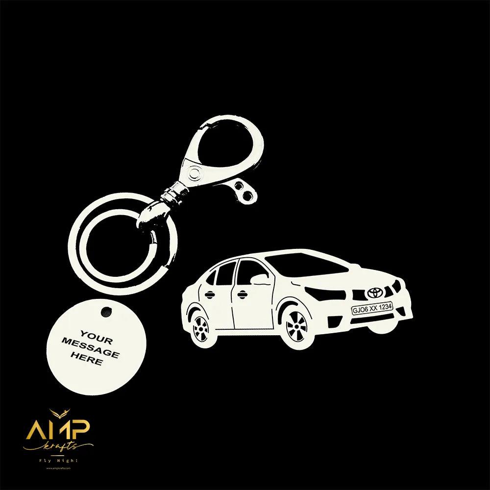 Personalised Toyota Corolla Altis keychain in silver stainless steel 304 with car number engraving