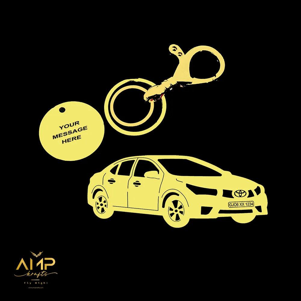 Gold plated Toyota Corolla Altis keychain with name and number, luxury gift for car lovers