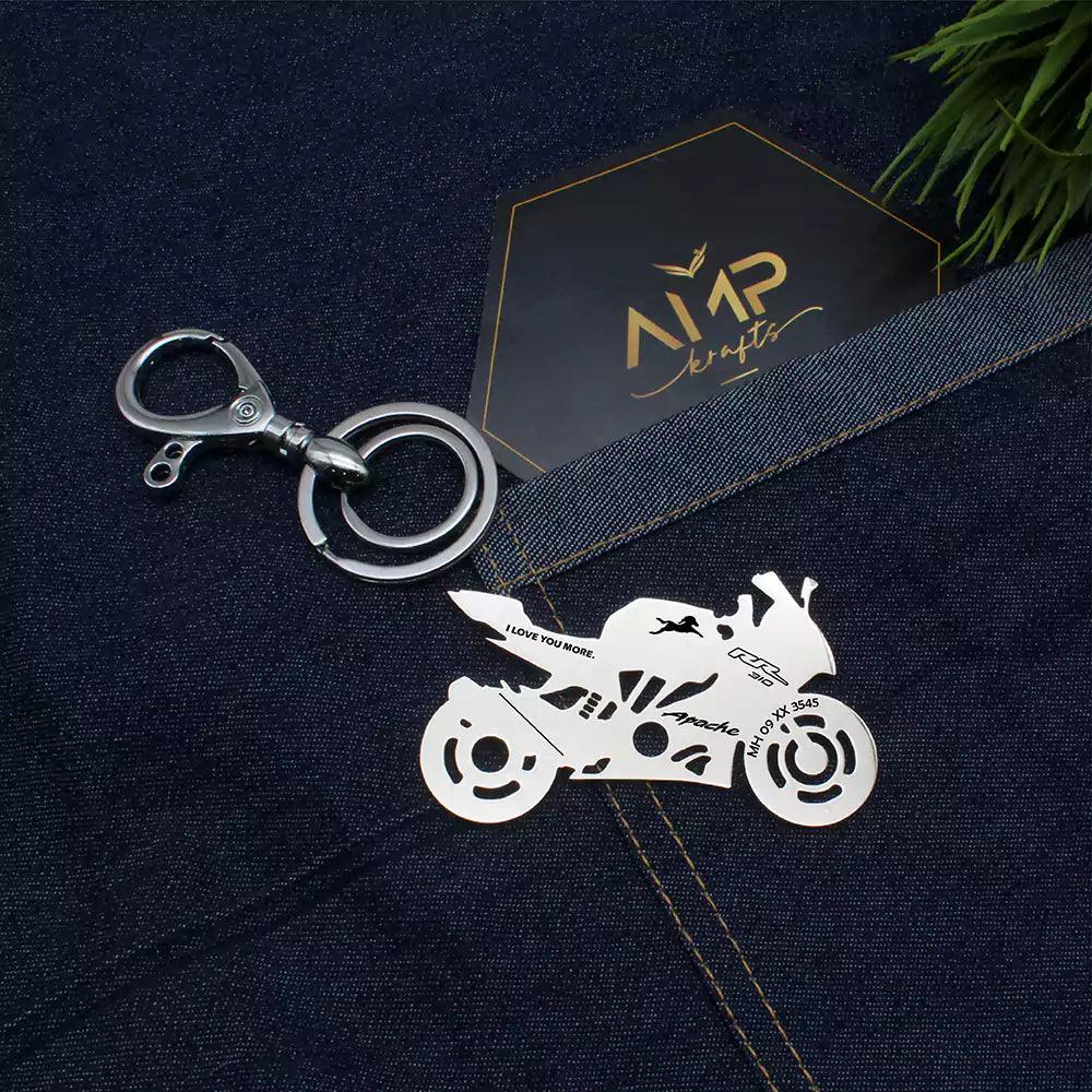 Personalized TVS Apache RR 310 keychain with custom name engraving