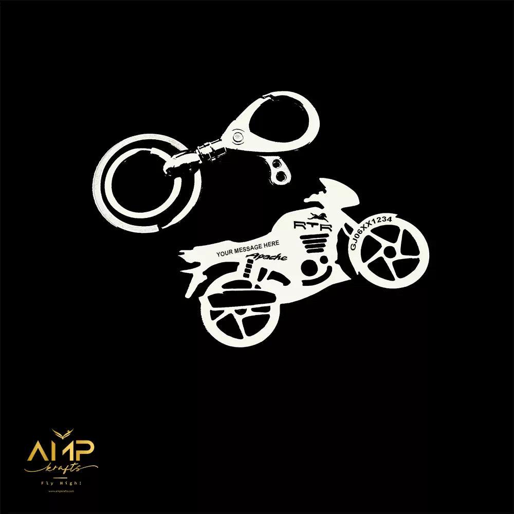 Personalized TVS Apache RTR 180 keychain with custom name engraving